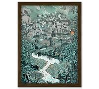 Artery8 Village Near River Forest Landscape Blue Linocut Artwork Framed A3 Wall Art Print