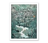 Artery8 Village Near River Forest Landscape Blue Linocut Artwork Framed Wall Art Print 18X24 Inch