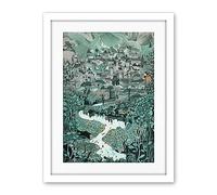 Artery8 Village Near River Forest Landscape Blue Linocut Artwork Framed Wall Art Print 18X24 Inch