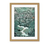 Artery8 Village Near River Forest Landscape Blue Linocut Artwork Framed Wall Art Print 18X24 Inch