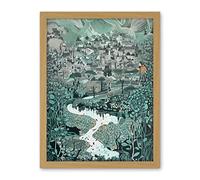 Artery8 Village Near River Forest Landscape Blue Linocut Artwork Framed Wall Art Print 18X24 Inch