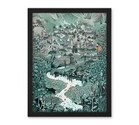 Artery8 Village Near River Forest Landscape Blue Linocut Artwork Framed Wall Art Print 18X24 Inch