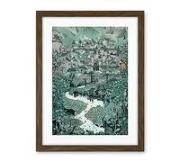 Artery8 Village Near River Forest Landscape Blue Linocut Artwork Framed Wall Art Print 18X24 Inch
