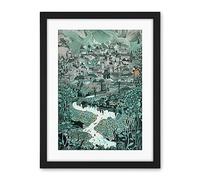Artery8 Village Near River Forest Landscape Blue Linocut Artwork Framed Wall Art Print 18X24 Inch