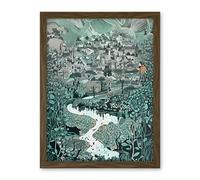 Artery8 Village Near River Forest Landscape Blue Linocut Artwork Framed Wall Art Print 18X24 Inch