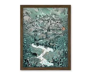 Artery8 Village Near River Forest Landscape Blue Linocut Artwork Framed Wall Art Print 18X24 Inch