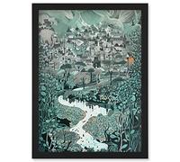 Artery8 Village Near River Forest Landscape Blue Linocut Artwork Framed Wall Art Print A4