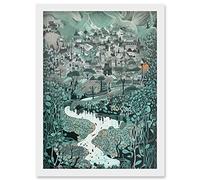 Artery8 Village Near River Forest Landscape Blue Linocut Artwork Framed Wall Art Print A4