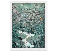 Artery8 Village Near River Forest Landscape Blue Linocut Artwork Framed Wall Art Print A4 in White Artery8 White