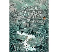 Artery8 Village Near River Forest Landscape Blue Linocut Extra Large XL Wall Art Poster Print