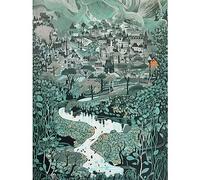 Artery8 Village Near River Forest Landscape Blue Linocut Large Wall Art Poster Print Thick Paper 18X24 Inch