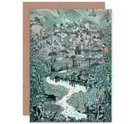 Artery8 Village Near River Forest Landscape Blue Linocut Travel Birthday Sealed Greeting Card Plus Envelope Blank inside