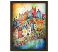 Artery8 Village Of Manarola Italy Folk Art Artwork Framed Wall Art Print A4 in Brown Artery8 Brown