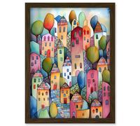 Artery8 Village On The Hill Cobble Streets Folk Art Artwork Framed Wall Art Print A4 in Brown Artery8 Brown