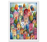 Village On The Hill Cobble Streets Folk Art Artwork Framed Wall Art Print A4 Artery8 White One Size