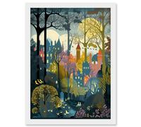 Artery8 Village Through Sherwood Forest Tree Landscape Artwork Framed Wall Art Print A4 in White Artery8 White