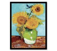 Artery8 Vincent van Gogh Framed Wall Art Print Vase with Three Sunflowers in Blue | Size: A3 Artery8 Blue A3