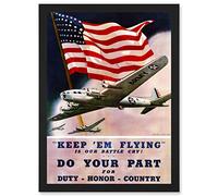 Artery8 Vintage Ad Military Air Force Bomber Flag USA WW2 War A4 Artwork Framed Wall Art Print