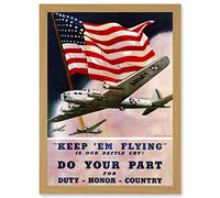 Artery8 Vintage Ad Military Air Force Bomber Flag USA WW2 War A4 Artwork Framed Wall Art Print
