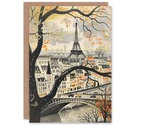 Artery8 Greeting Card Vintage Autumn in Paris Cityscape Eiffel Tower Blank For Him Or Her Art Birthday Card