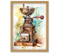 Artery8 Vintage Coffee Grinder Modern Watercolour Painting Modern Watercolour Painting Artwork Framed Wall Art Print A4