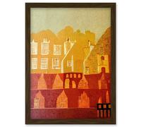 Wee Blue Coo Vintage Folk Art Mid Century Cityscape Abstract Artwork Framed Wall Art Print A4