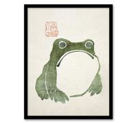 Vintage Japanese Cute Grumpy Frog Matsumoto Hoji Framed Wall Art Print Artery8 Green A4