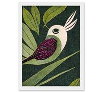 Artery8 Vintage Linocut Illustration Small Bird With Plant Leaves Artwork Framed Wall Art Print A4 in White Artery8 White
