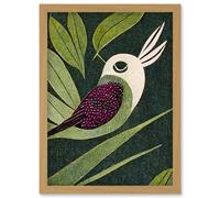 Artery8 Vintage Linocut Illustration Small Bird With Plant Leaves Artwork Framed Wall Art Print A4 in Light Oak Artery8 Light Oak