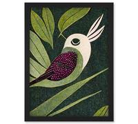 Artery8 Vintage Linocut Illustration Small Bird With Plant Leaves Artwork Framed Wall Art Print A4 in Black Artery8 Black