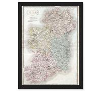 Vintage Map 1850 Hall Ireland Emmerald Isle A4 Artwork Framed Wall Art Print Artery8 Black One Size