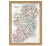 Vintage Map 1850 Hall Ireland Emmerald Isle A4 Artwork Framed Wall Art Print Artery8 Light Oak One Size