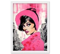 Artery8 Vintage Model in Downtown Street Retro Pink Artwork Framed A3 Wall Art Print