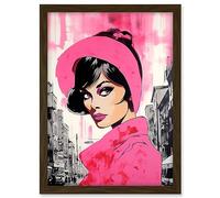 Artery8 Vintage Model in Downtown Street Retro Pink Artwork Framed A3 Wall Art Print