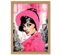 Artery8 Vintage Model in Downtown Street Retro Pink Artwork Framed A3 Wall Art Print