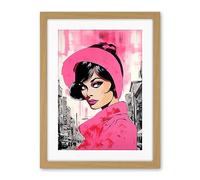 Artery8 Vintage Model in Downtown Street Retro Pink Artwork Framed Wall Art Print 18X24 Inch