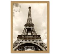 Vintage Photo Landmark Eiffel Tower Sepia Paris France A4 Artwork Framed Wall Art Print Artery8 Light Oak One Size