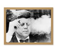 Vintage Photo President John F Kennedy JFK Smoking Cigar Artwork Framed Wall Art Print A4 Artery8 Light Oak One Size