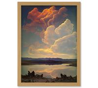 Vintage Style Atmospheric Cloud Reflections in Lake Modern Watercolour Painting Artwork Framed Wall Art Print A4 Artery8 Light Oak One Size
