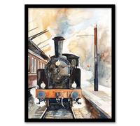 Artery8 Vintage Travel Steam Train Front View Watercolour Framed Wall Art in Brown | Size: W12" x H16" Artery8 Brown W12" x H16"