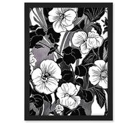Artery8 Viola Flower Blooms Black and White Illustration Artwork Framed A3 Wall Art Print