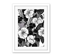 Artery8 Viola Flower Blooms Black and White Illustration Artwork Framed Wall Art Print 18X24 Inch