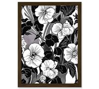 Artery8 Viola Flower Blooms Black and White Illustration Artwork Framed Wall Art Print A4