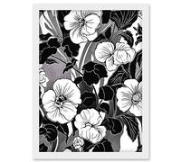 Artery8 Viola Flower Blooms Black and White Illustration Artwork Framed Wall Art Print A4
