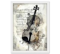 Artery8 Violin Instrument and Sheet Music Modern Monochrome Watercolour Illustration Artwork Framed Wall Art Print A4