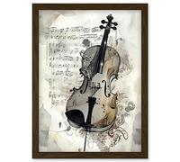 Violin Instrument and Sheet Music Modern Monochrome Watercolour Illustration Artwork Framed Wall Art Print A4 Artery8 Brown One Size