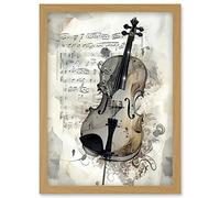 Violin Instrument and Sheet Music Modern Monochrome Watercolour Illustration Artwork Framed Wall Art Print A4 Artery8 Light Oak One Size