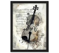 Artery8 Violin Instrument and Sheet Music Modern Monochrome Watercolour Illustration Artwork Framed Wall Art Print A4