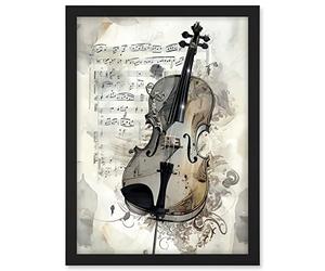 Artery8 Violin Instrument and Sheet Music Modern Monochrome Watercolour Illustration Artwork Framed A3 Wall Art Print