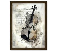 Artery8 Violin Instrument and Sheet Music Modern Monochrome Watercolour Illustration Artwork Framed Wall Art Print A4